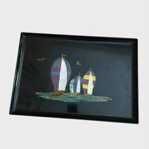 Vintage Couroc Sailing Boats Tray, Inlaid Black18x12 Mid Century Nautical Decor